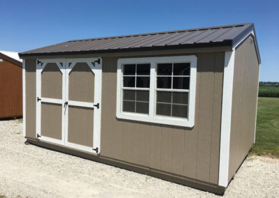 A Painted 10x16 Garden Shed with Taupe walls, White Trim, and Burnished Slate Roof