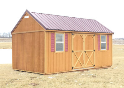 A 10x16 Wood Lofted Garden Shed with Burgundy metal roof and optional Burgundy shutters.