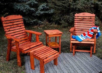 Cedar Slat Back Stationary Chair and Ottoman, Endtable with cupholders, and Gliding Chair.Pic 12
